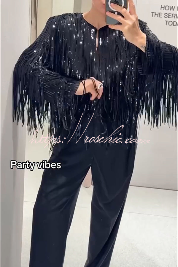 Party Crasher Layered Sequined Tassels Long Sleeve Loose Jacket