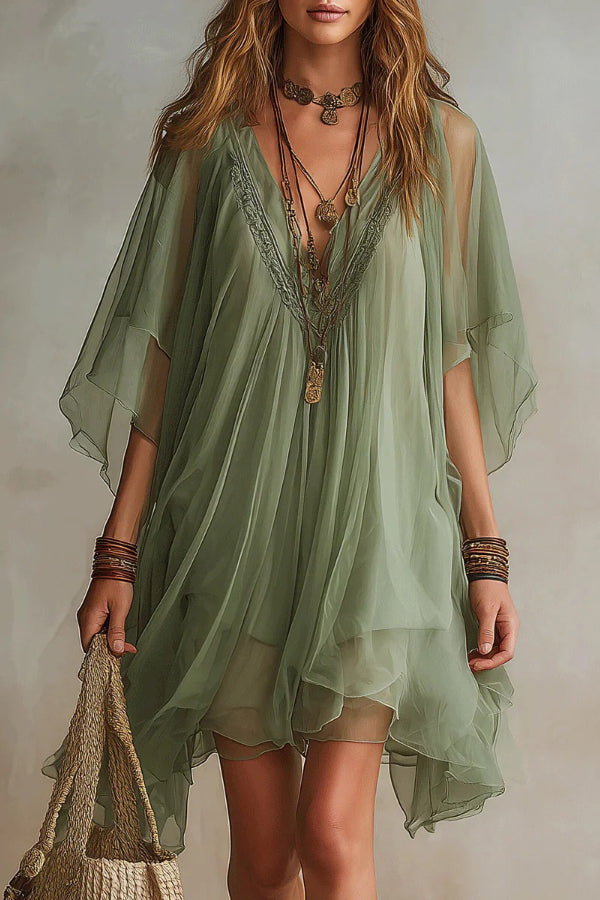 loose fitting beach dresses A Loose-Fitting *-Length Beach Dress with Ethnic Prints * Summer Vacations * Featuring a V-Neck And Short Sleeves, Designed for Women