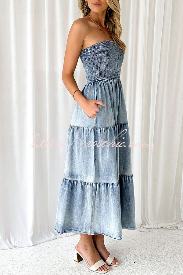 Asmn Off Shoulder Pleated Pocket Paneled Denim Maxi Dress