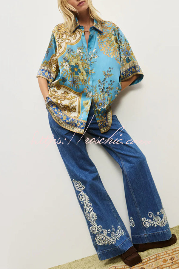 Satin Floral Print Loose Shirt and Elastic Waist Pocket Casual Wide-leg Pants