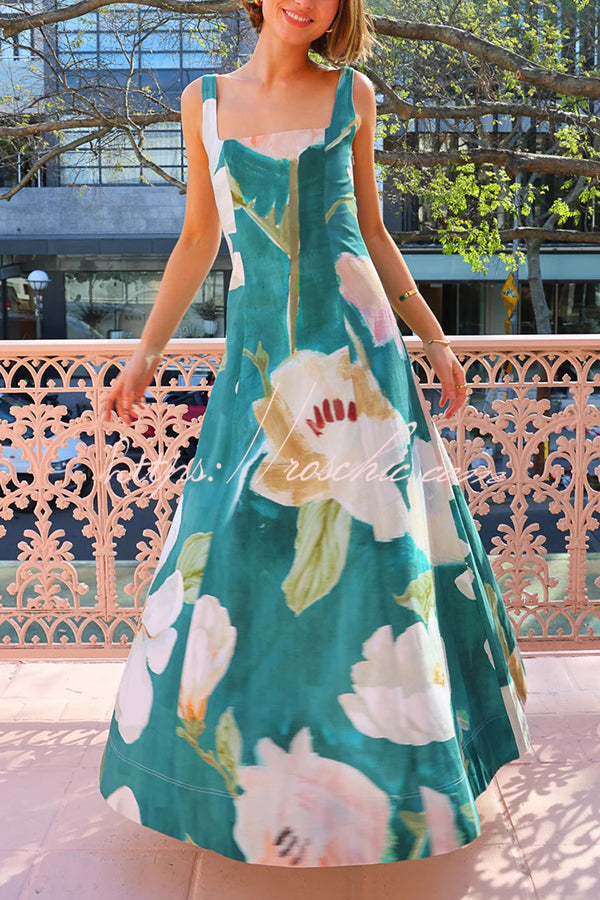 Floral Print Sleeveless Square Neck Big Hem Maxi Dress