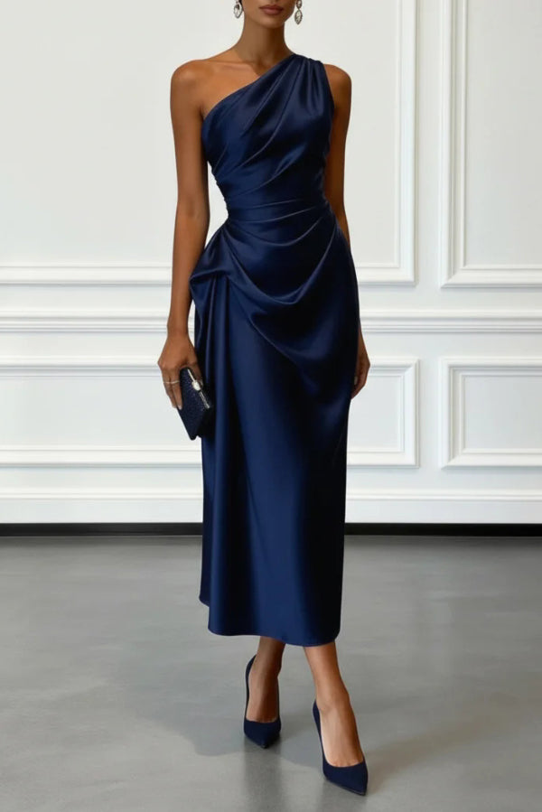 one shoulder pleated satin midi dress Elegant One Shoulder Emerald Green Cut-Out Pleated Satin Midi Dress L / Emerald