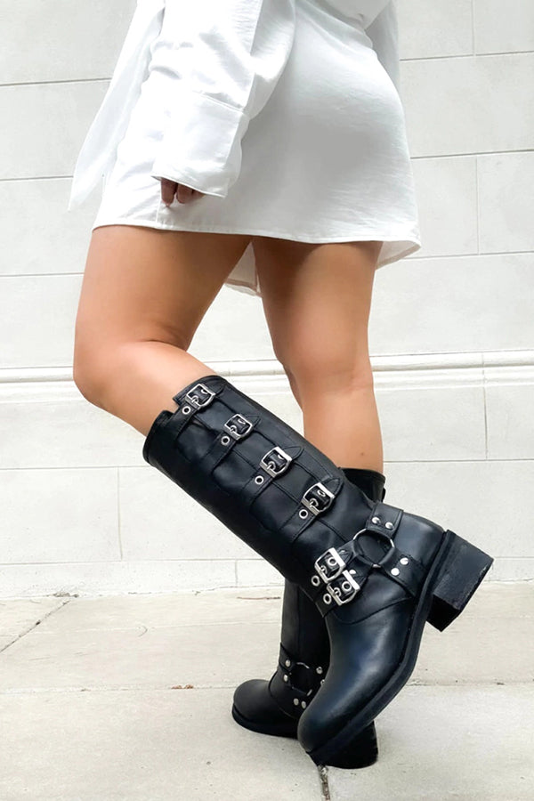 Vintage Belt Buckle Chunky Heeled Long Biker Boots