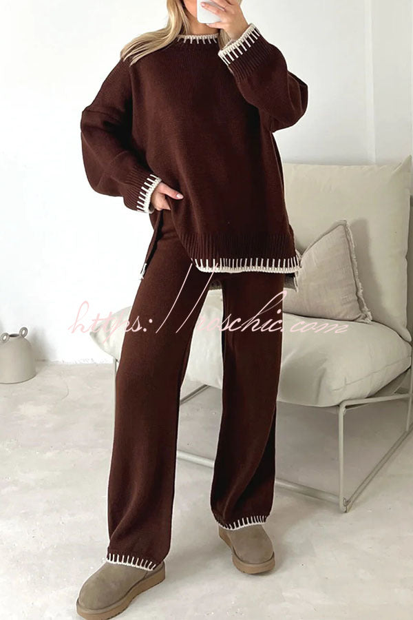 Life Memories Knit Contrast Stitch Trim Pullover Sweater and Stretch Loose Pants Set