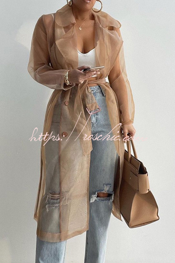 Solid Color Patchwork Button Belt Pocket Long Sleeve Coat