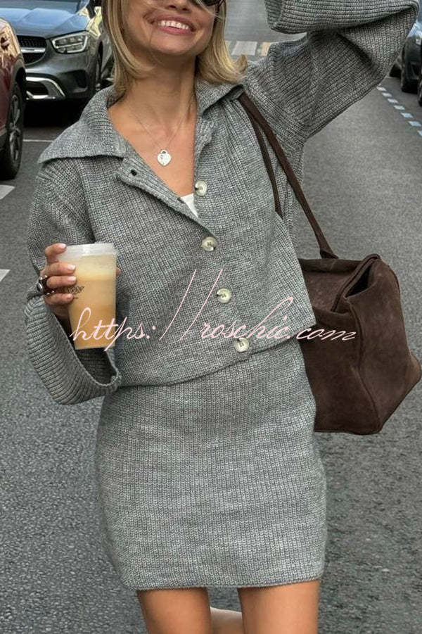 Fashion Lapel Bell Sleeve Knitted Cardigan and Casual Mini Skirt Set