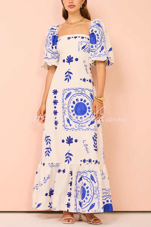 Sherbert Linen Blend Unique Print Square Neck Bubble Sleeve Maxi Dress