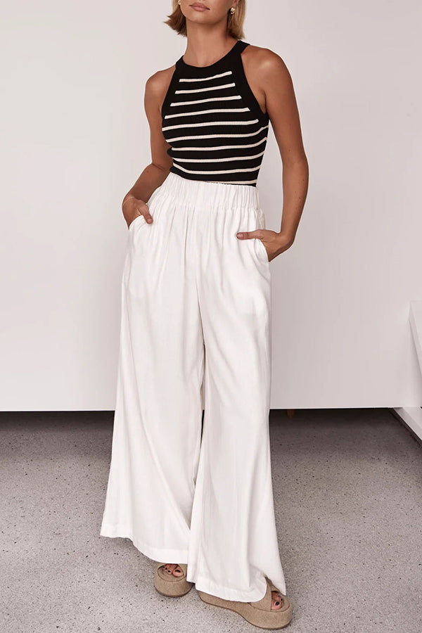 Billie Linen Blend High Rise Elastic Waist Pocketed Wide Leg Pants