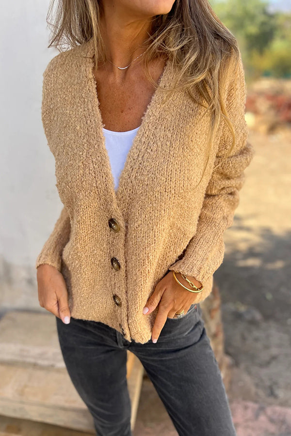 Solid Color V-neck Long-sleeved Fashionable Knitted Cardigan