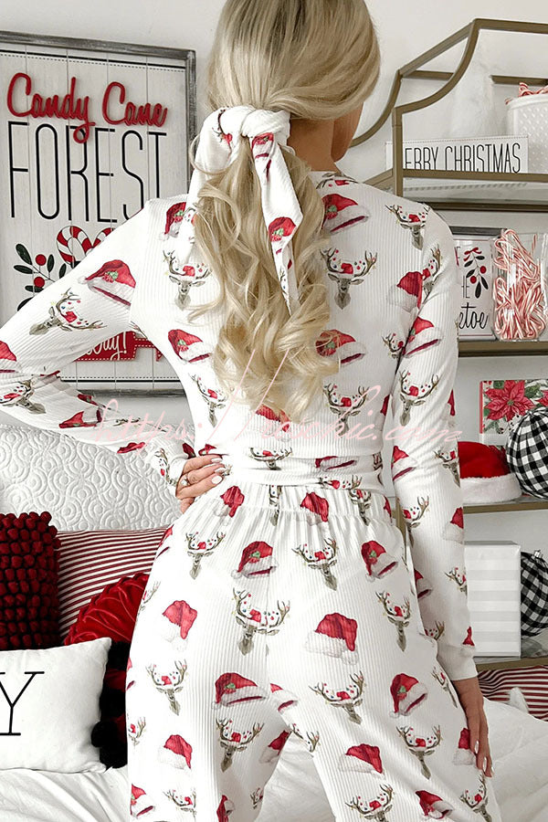 Start The Festival Santa Hat/Reindeer Print Ribbed Elastic Waist Lounge Pajama Set