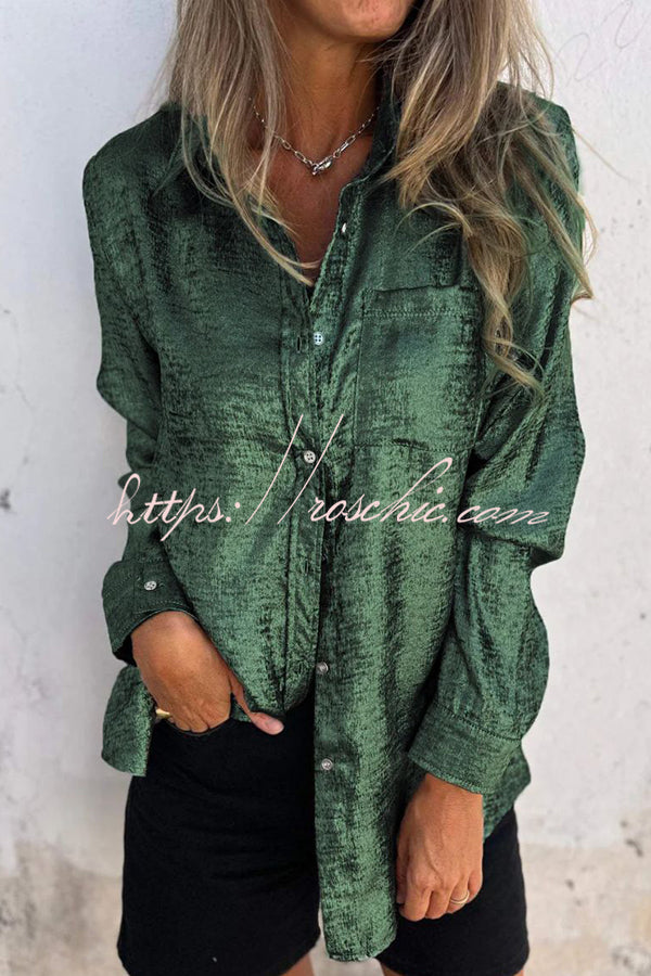 First and Fabulous Metallic Fabric Button Up Long Sleeve Loose Blouse