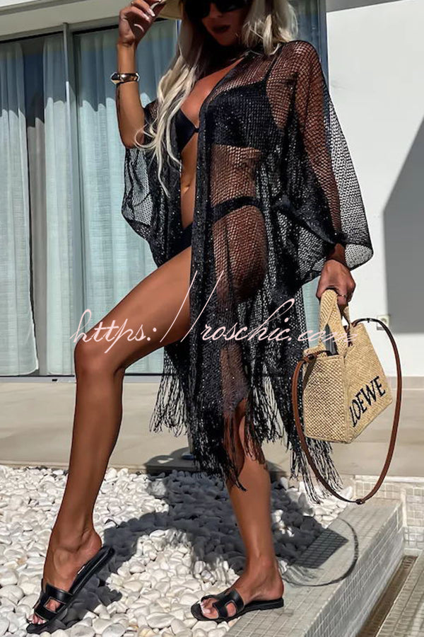 Perfect Look for Vacation Tassle Trim Batwing Sleeve Loose Cover-ups