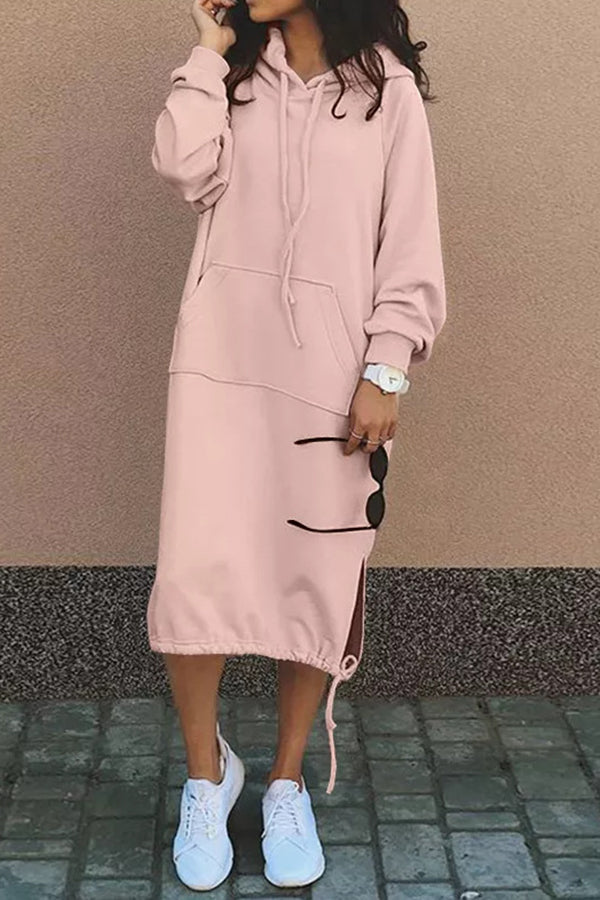 Solid Color Casual Hooded Lace-up Pocket Sweatshirt Style Midi Dress