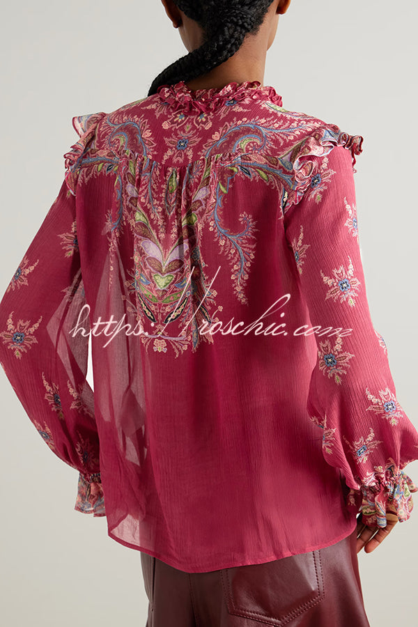 Unique Printed Chiffon Long-sleeved Loose Shirt and Elegant Ruffled Maxi Skirt Set