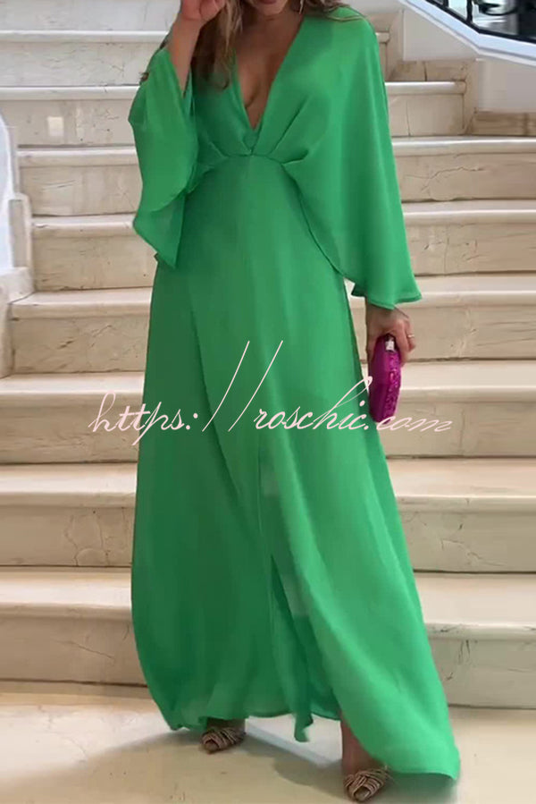 Solid Color V Neck High Waist Slit Casual Maxi Dress