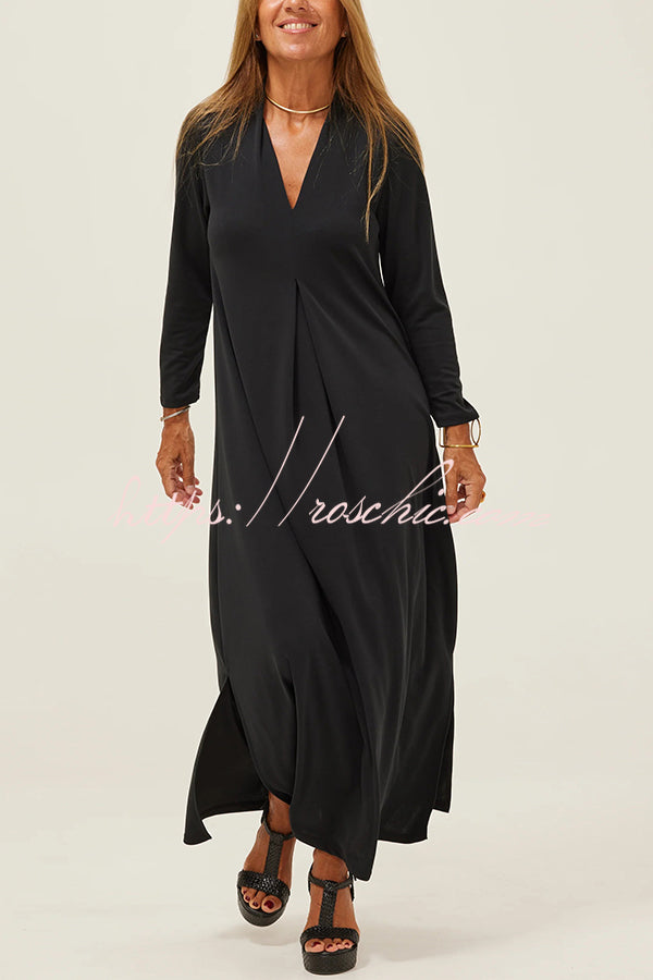 Solid Color V-neck Casual Slit Maxi Dress