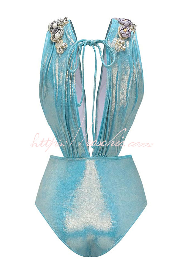 Solid Color Shiny Fabric Deep V Metal Embellished Stretch One-piece Swimsuit