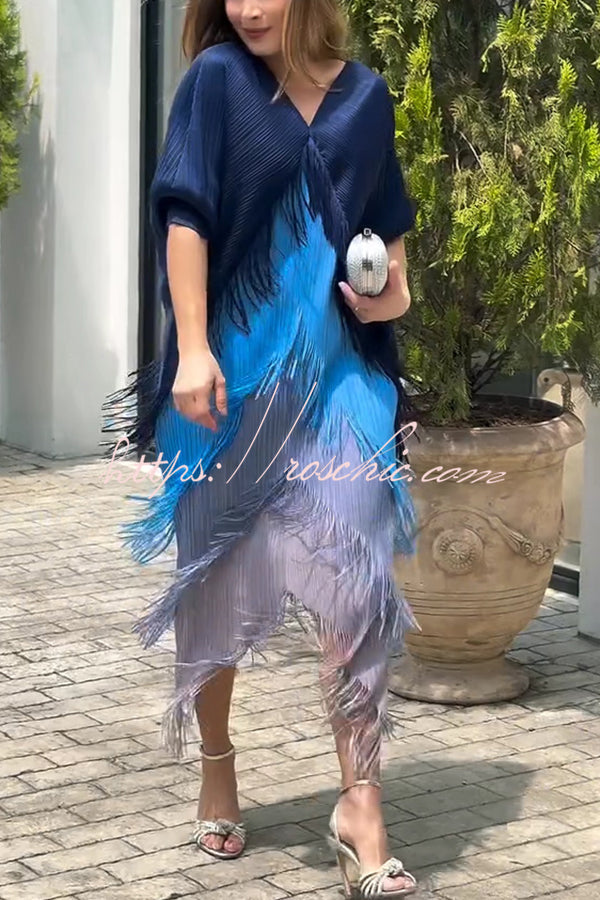 Fashionable Color-blocked Multi-layered Tassel Loose Midi Dress