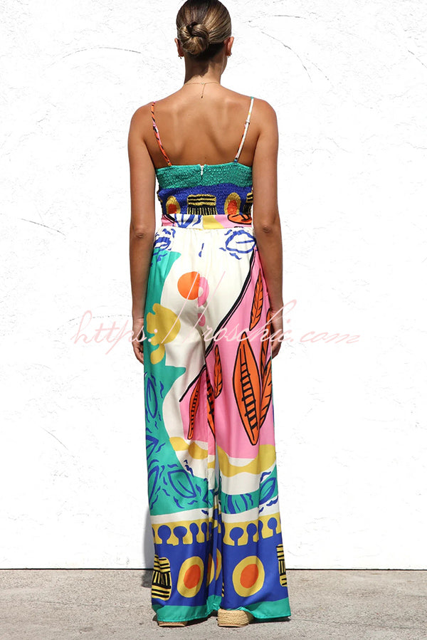 Unique Printed Back Pleated Suspenders Loose Pocket Wide-leg Jumpsuit