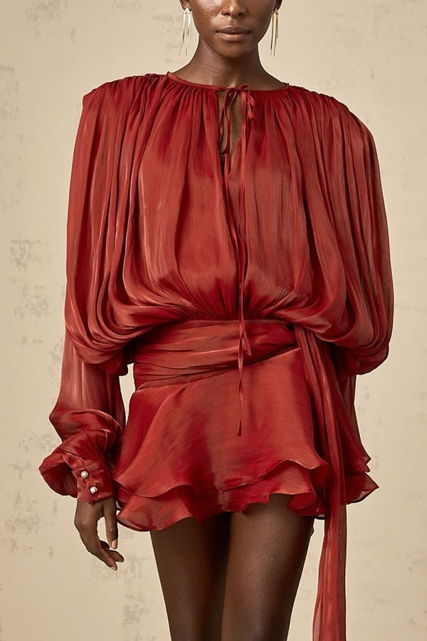 Solid Color Long-sleeved Belted Asymmetrical Mini Dress and Elastic Waist Casual Shorts Set