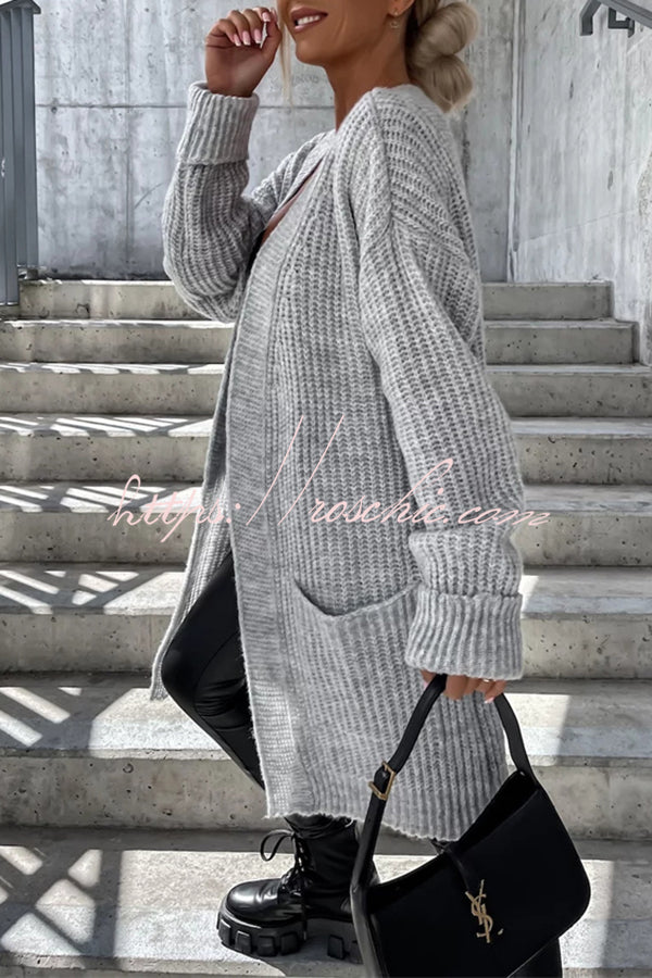 Solid Color Striped Pocket Long Sleeve Cardigan