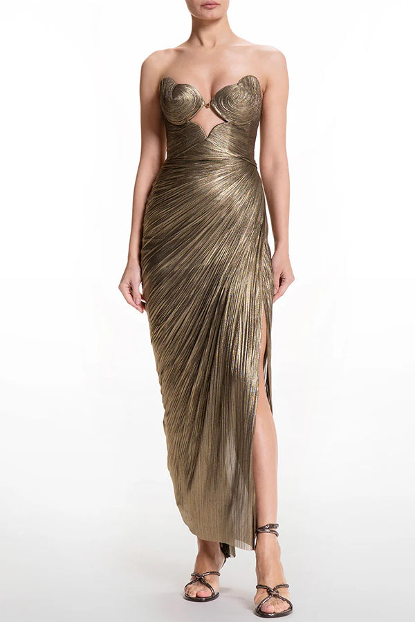 Amisha Metallic Pleated Shell Cups Hollow Gold Pendant Strapless Drape Slit Maxi Dress