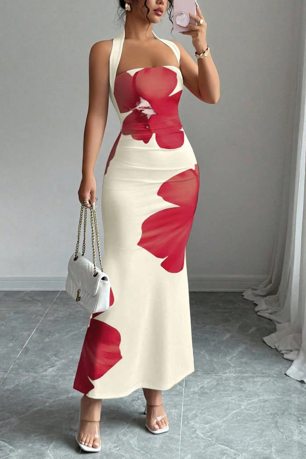 Floral Print Halter Neck Backless Slim-fit Maxi Dress, Red / XL