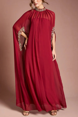 My Dearest Chiffon Sequin Trim High Neck Batwing Cutout Sleeve Cape Maxi Dress