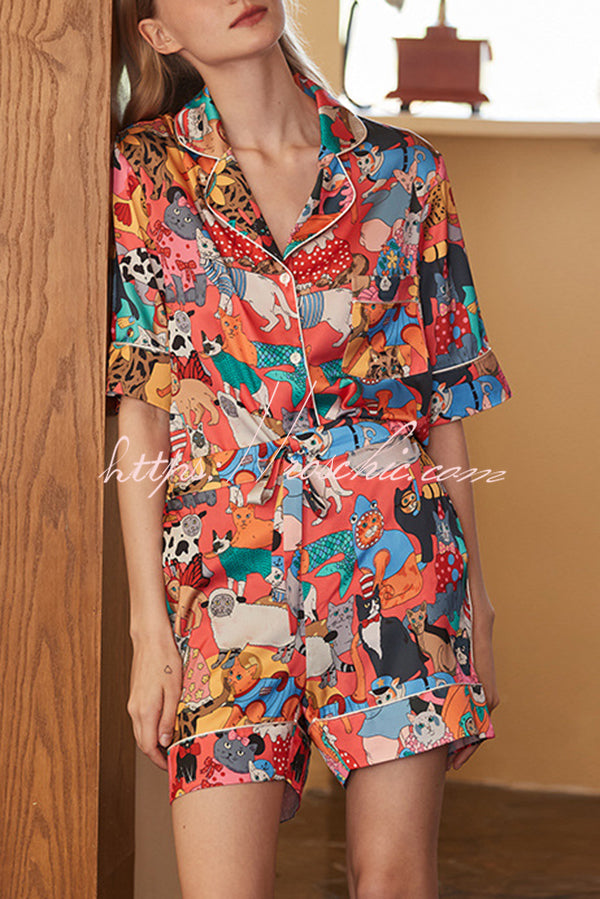 Banquet Cat Print Home Shorts Two-piece Set