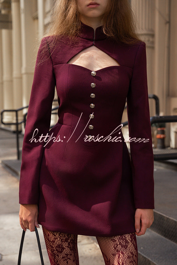 Elegant Long-sleeved Hollowed-out Button-down Slim-fit Mini Dress