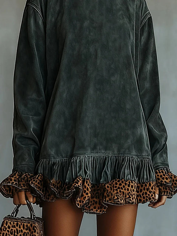 Fashionable Leopard Print Patchwork Loose Turtleneck Long-sleeved Casual Mini Dress