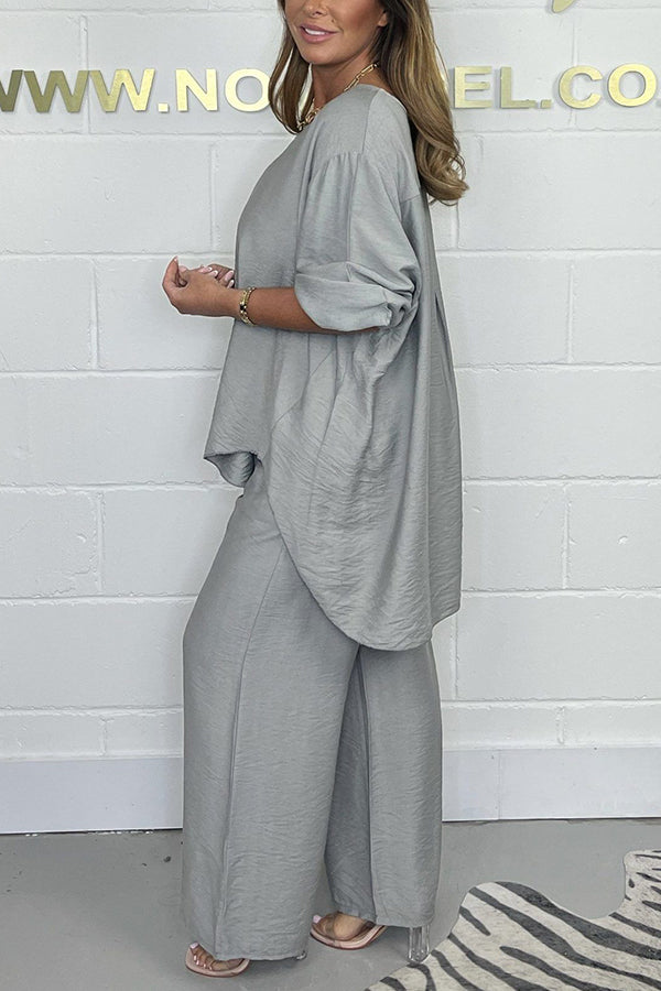 Satin Solid Color Loose Round Neck Top and Elastic Waist Casual Wide-leg Pants Set