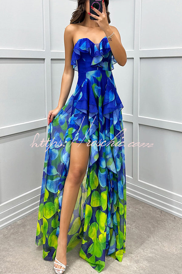 Loving Moment Gradient Unique Print Flowing Layered Ruffles Strapless Slit Maxi Dress