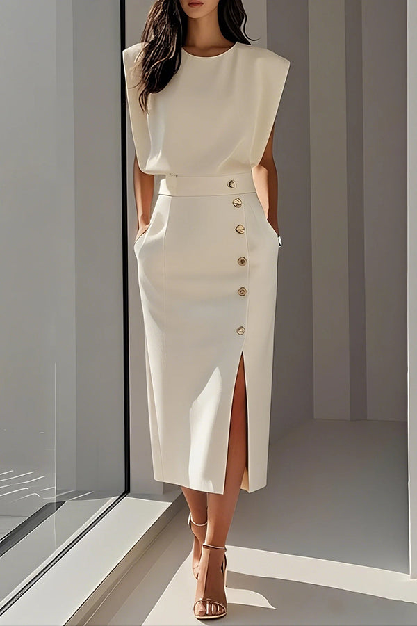 Solid Color Round Neck Sleeveless Button Slit Midi Dress