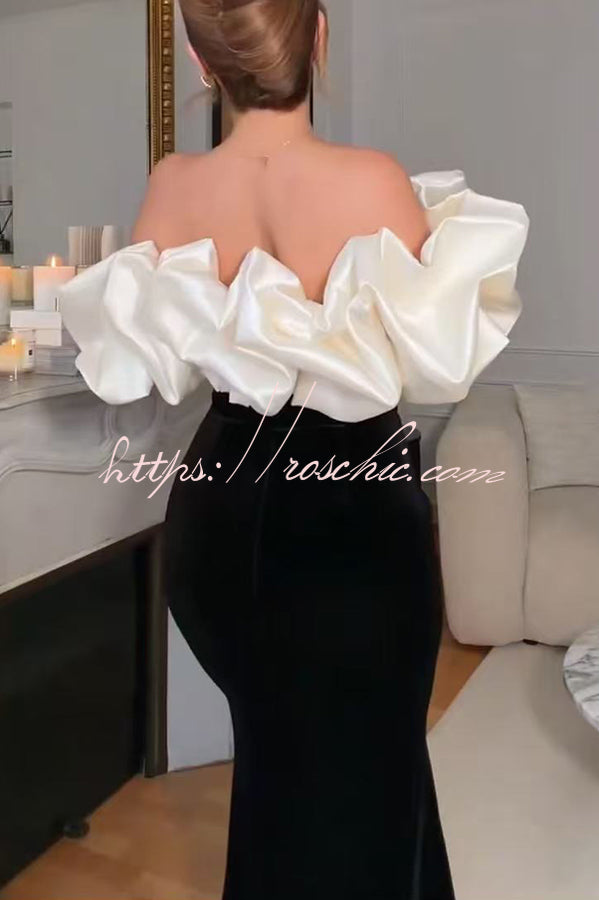 Cecily Velvet Off Shoulder Satin Structured Bardot Neck Stretch Maxi Dress