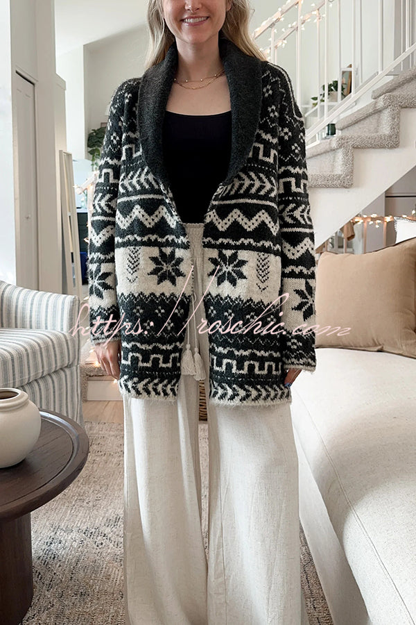 Winter Snowflake Waist Tie Lapel Midi Pocket Knit Cardigan