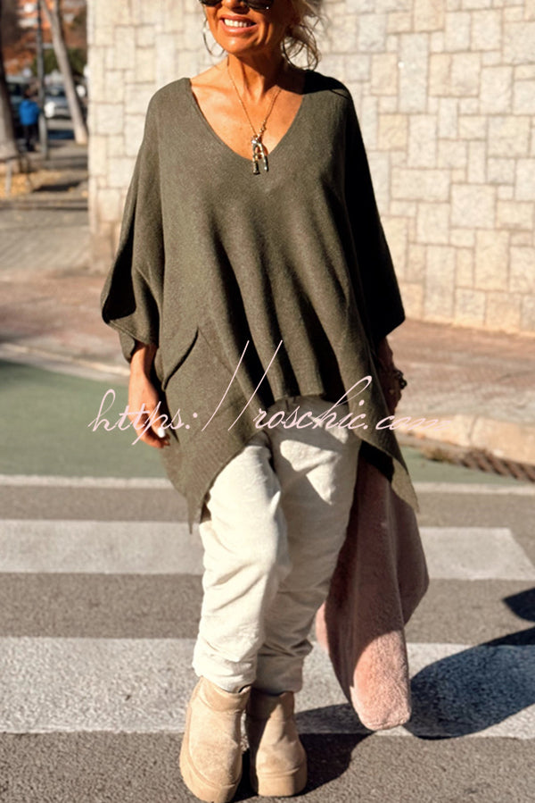 Fashion V-neck Loose Pocket Mid-length Knitted Sweater
