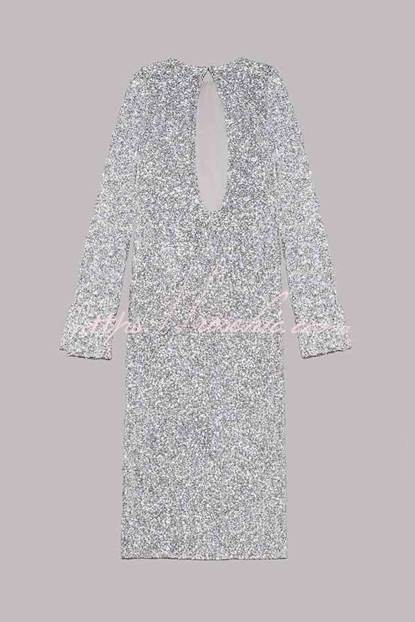 Ignite Sparkly Nights Sequin Extra Long Sleeve Open Back Loose Midi Dress