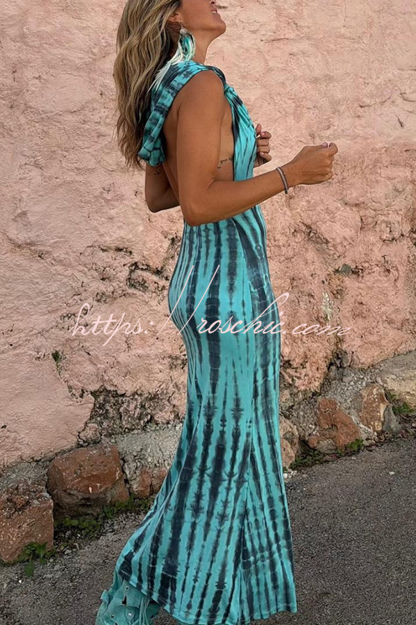 Pietra Tie Dye Print Scoop Neck Backless Hooded Stretch Maxi Dress