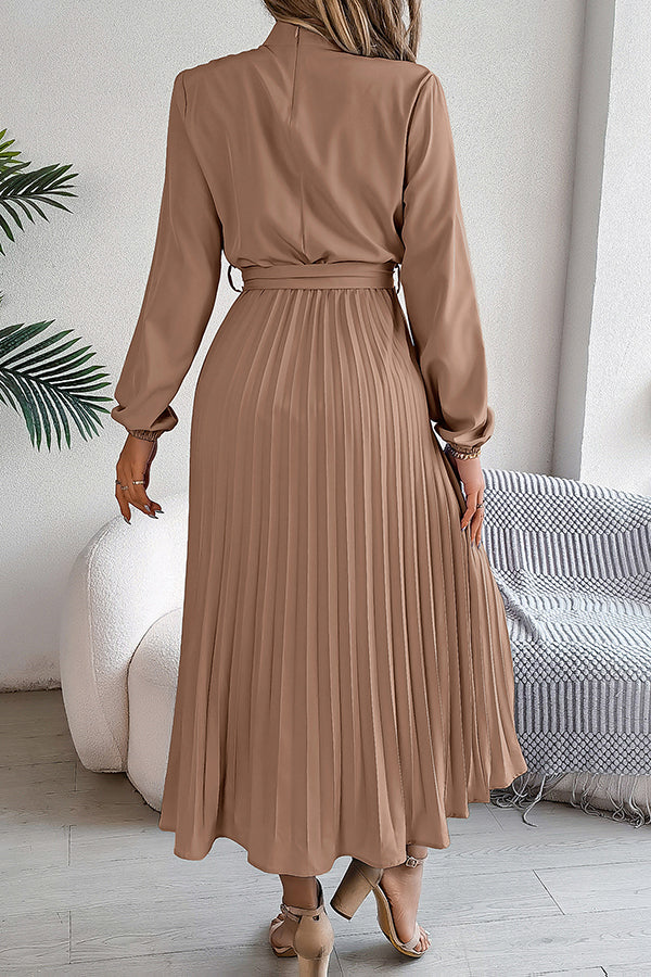 Elegant Stand-collar Long-sleeve Waisted Tie-up Pleated Midi Dress