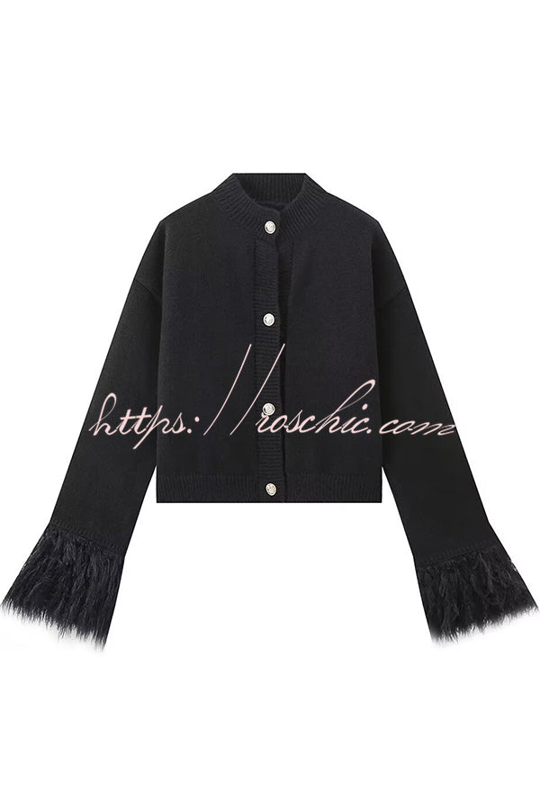Solid Color Elegant Feather Long Sleeve Casual Knitted Cardigan