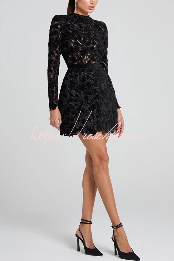 Lydia Embroidered Floral Lace Long Sleeve Belt Tulip Shaped Mini Dress