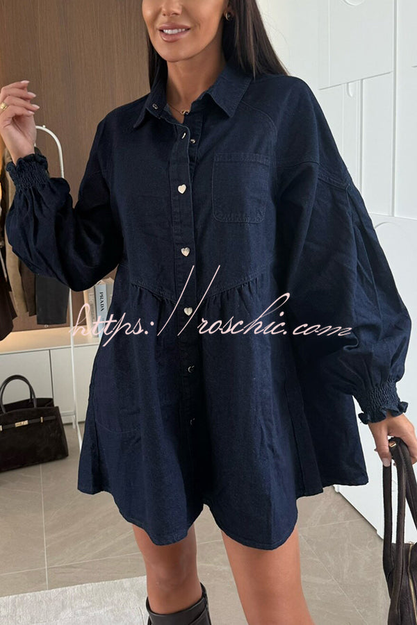 Fashion Heart Button Long Sleeve Casual Pocket Denim Mini Dress