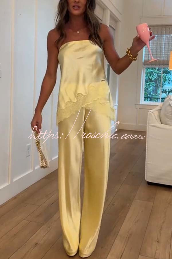 Odessa Satin Floral Lace Hem Strapless Tank and Mid Rise Wide Leg Pants Set