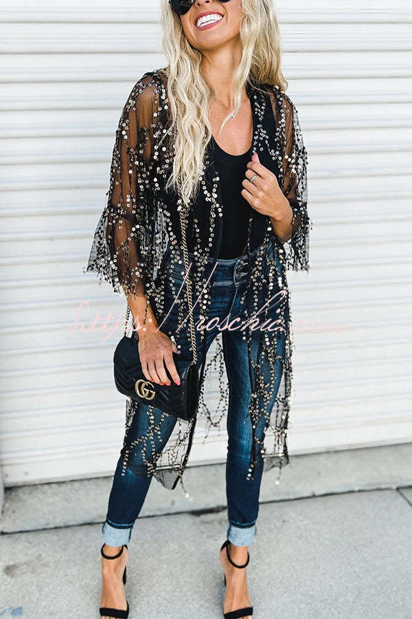 Here for The Party Draped Tassel Sequin Bell Sleeve Loose Kimono