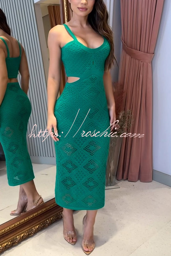 Samarie Knit Diamond Texture Cutout Waist Stretch Midi Dress