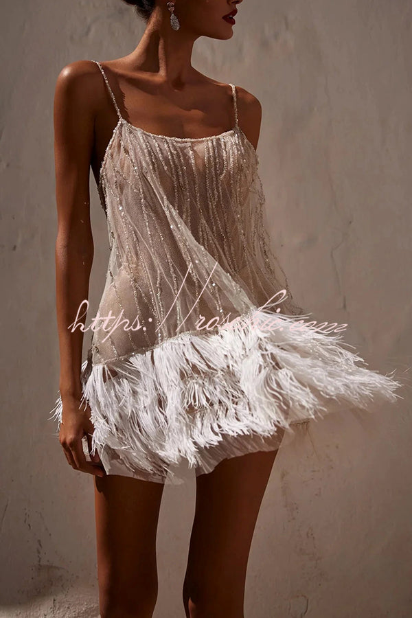 Fairy Lights Sequin Layered Feather Fringed Mesh Mini Dress Fairy Lights Sequin Layered Feather Fringed Mesh Mini Dress