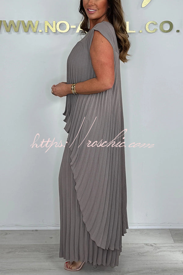 Laney Pleated Short Sleeve Irregular Midi Top and Elastic Waist Wide Leg Pants Set