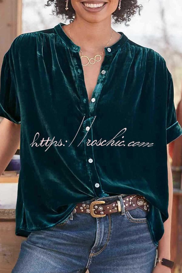 Velvet Solid Short Sleeve Round Neck Single Breasted Shirt