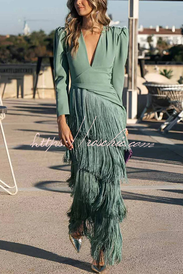 Solid Color V-Neck Long Sleeve Elegant Tassel Maxi Dress